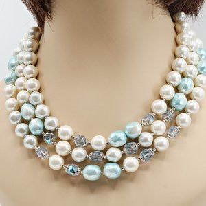 JAPAN Vintage Faux Pearls & Crystals 3 Strand Necklace